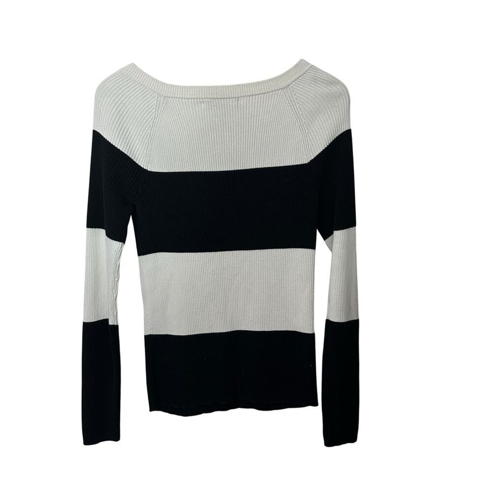 Lauren Ralph Lauren Womens M Ribbed Knit Top Stretch Black Cream Bold‎ Stripe - Picture 3 of 5